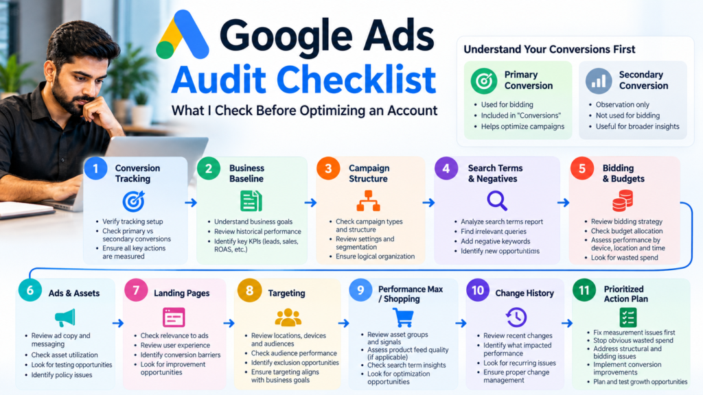 Google Ads audit roadmap covering conversion tracking, search terms, bidding, landing pages, Performance Max and prioritized fixes